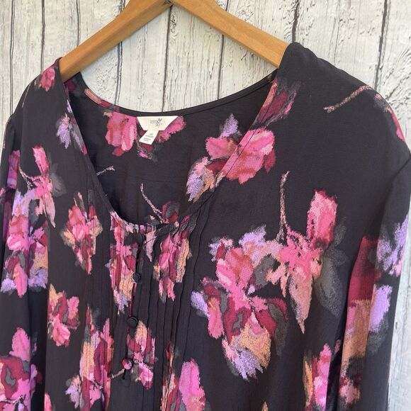 Terra & Sky Womens Dark Floral Top Size 2X Black Bloomcore Pintucks Office - Picture 3 of 11